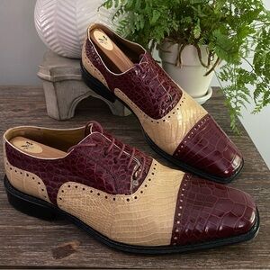 Ferrini Mens Alligator Skin Ostrich Quill Leather Oxfords Shoe Burgundy Wine Tan